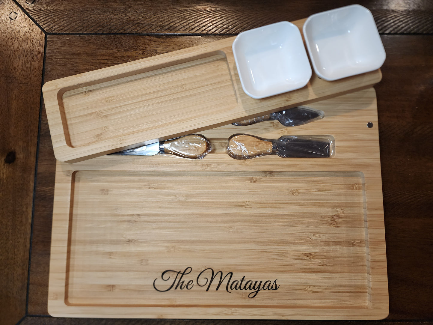 Personalized Bamboo Charcuterie Boards with Cheese Knives and Serving Bowls