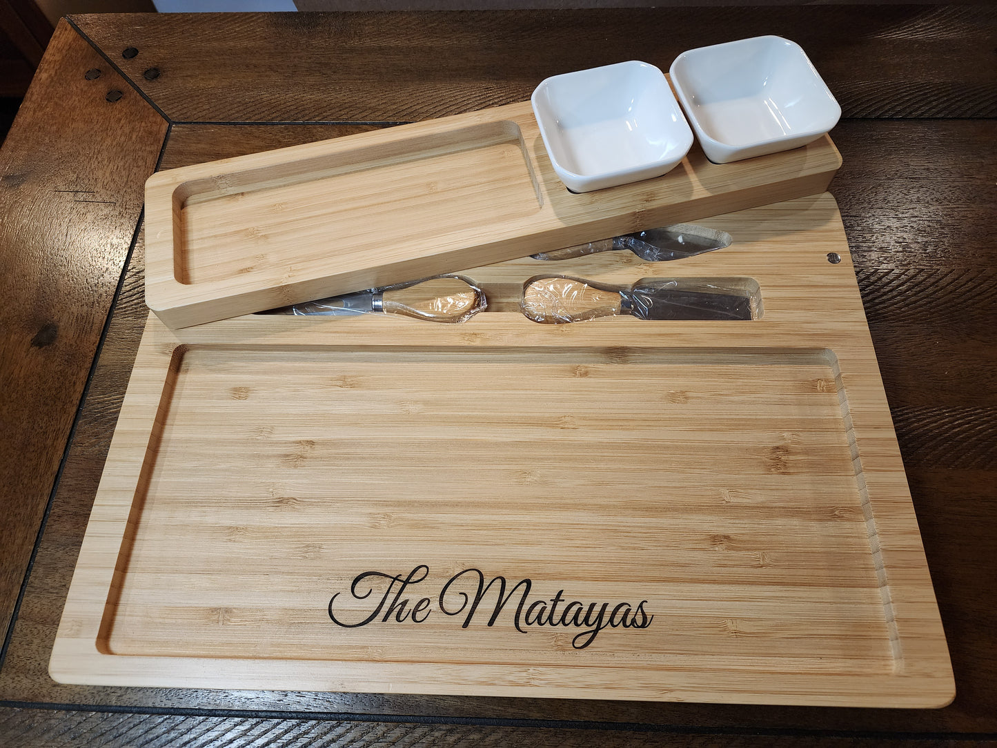 Personalized Bamboo Charcuterie Boards with Cheese Knives and Serving Bowls