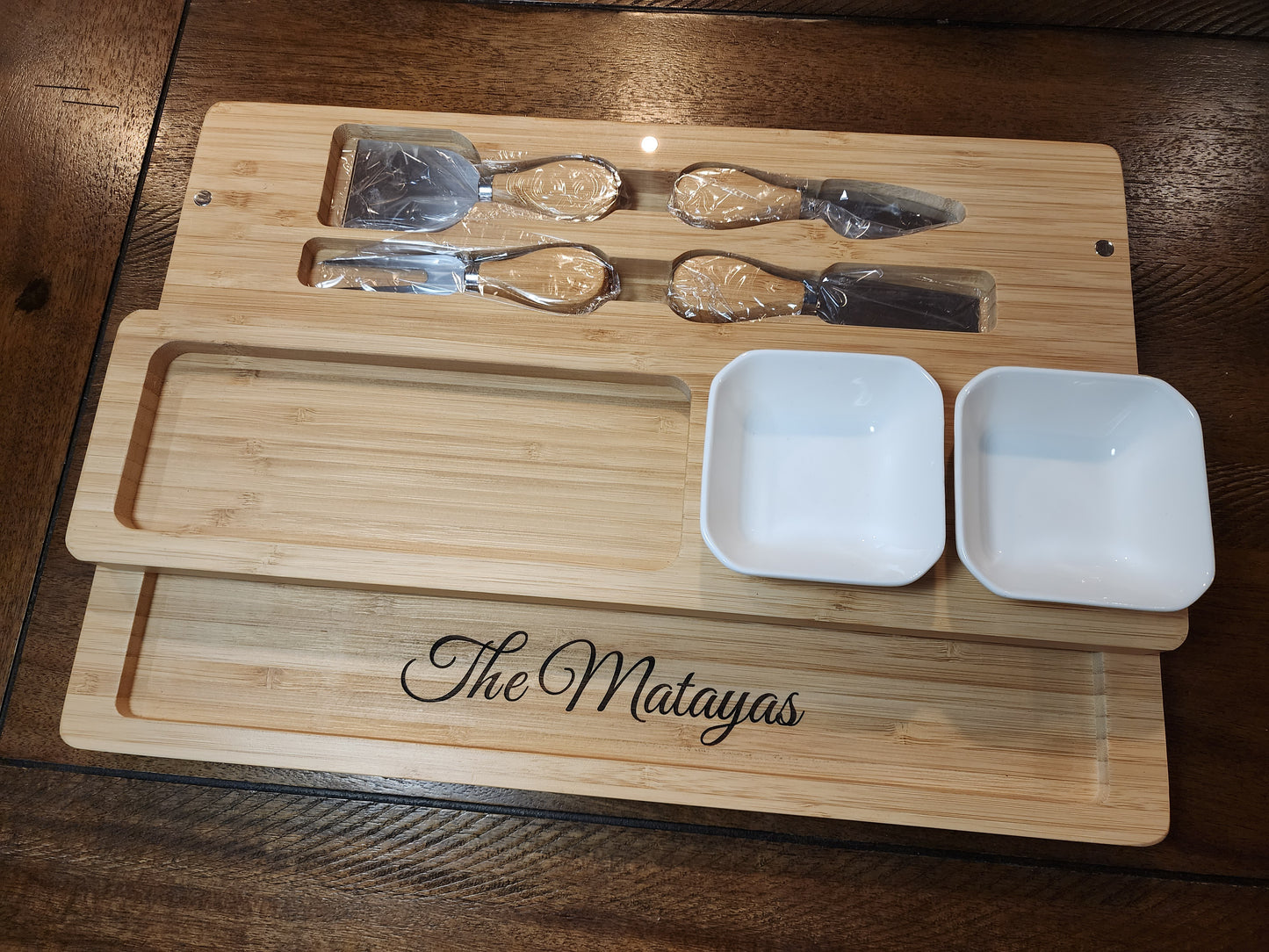 Personalized Bamboo Charcuterie Boards with Cheese Knives and Serving Bowls