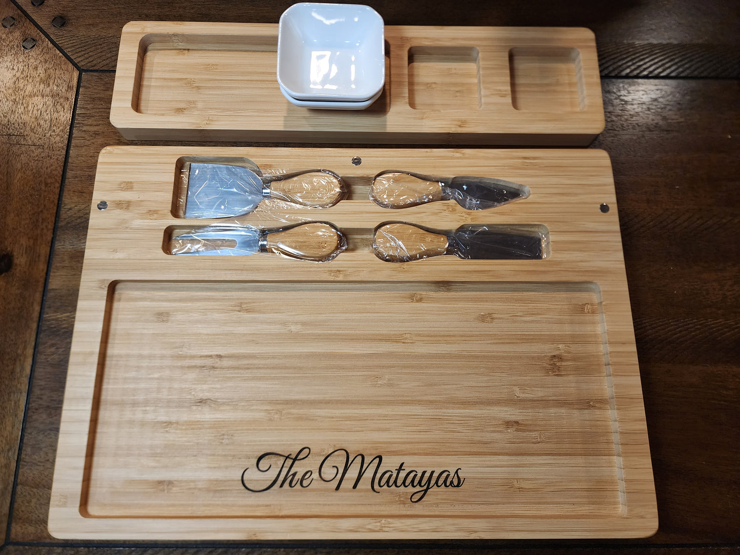Personalized Bamboo Charcuterie Boards with Cheese Knives and Serving Bowls