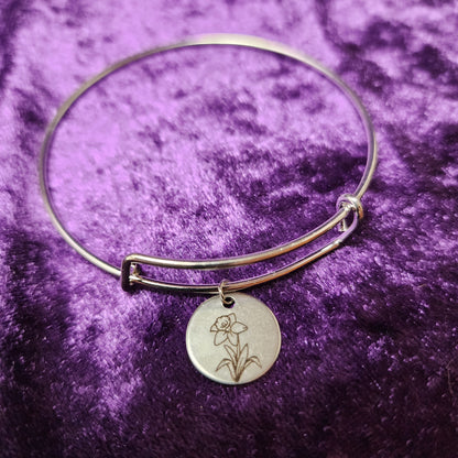 Birth Month Flower Charm Bangle Bracelet