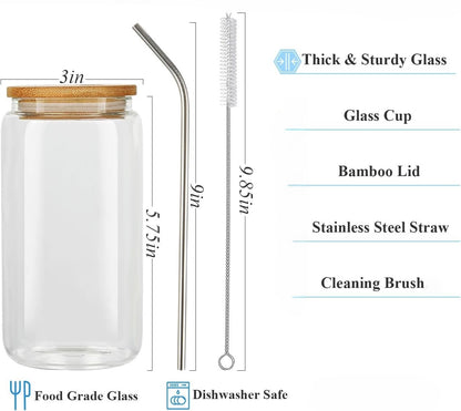 Personalized 16oz Glass Cup with Bamboo Lid & Stainless-Steel Straw