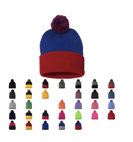 Beanie Cap with Pom and Custom Leatherette Patch