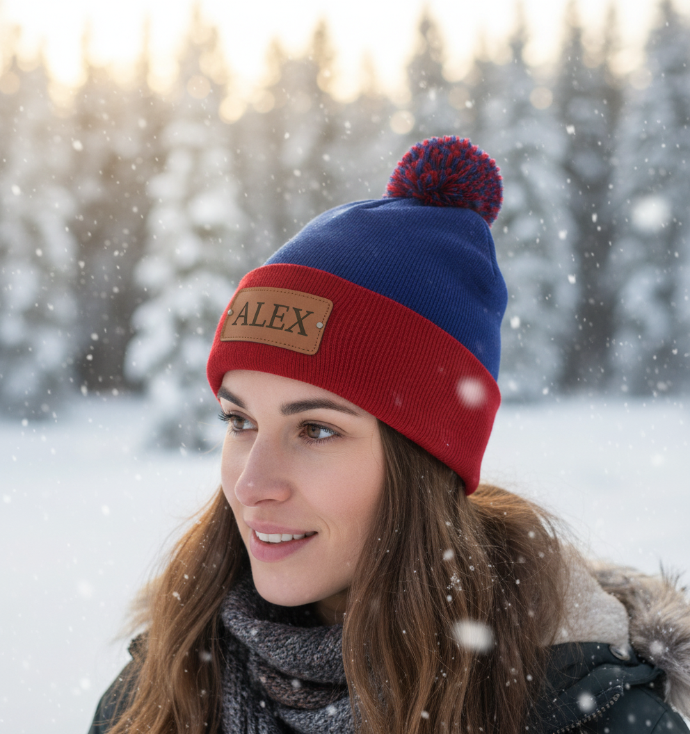 Beanie Cap with Pom and Custom Leatherette Patch