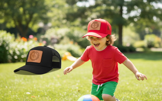 Youth 6 Panel Mid Profile Structured Cotton Trucker with Custom Leatherette Patch