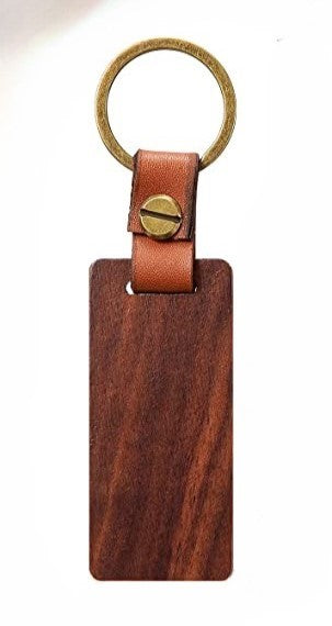 Personalized Walnut Wooden Keychain with Leather Strap, Rectangle